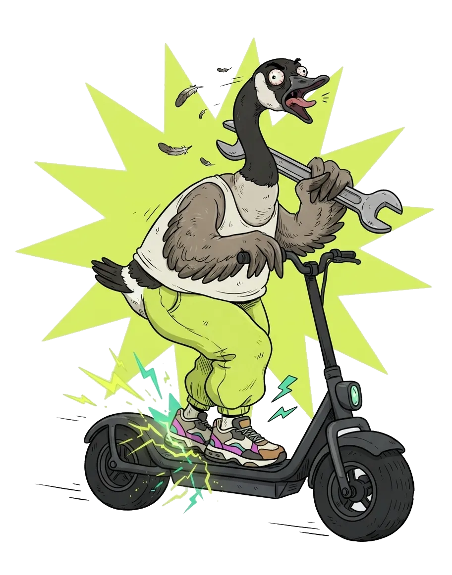 Cartoon Canada goose in lime track pants riding an e-scooter with a wrench over its shoulder